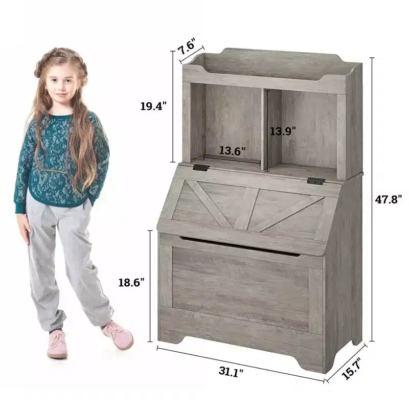 Bibliothèque enfant gris/blanc avec coffre à jouets, 3 étagères