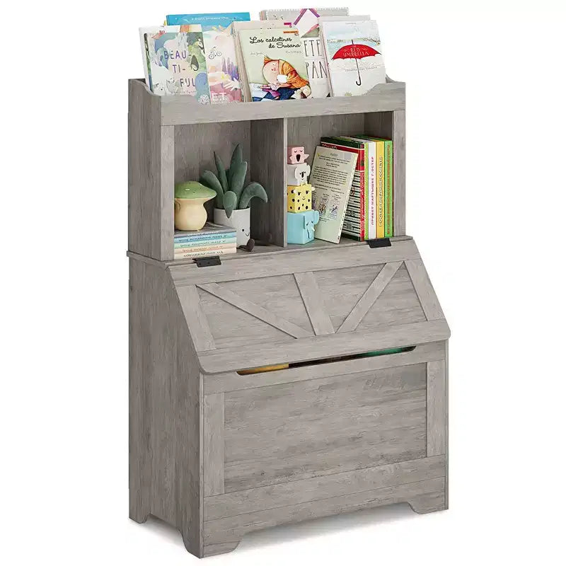Bibliothèque enfant gris/blanc avec coffre à jouets, 3 étagères