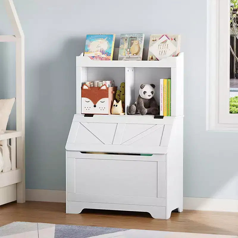 Bibliothèque enfant gris/blanc avec coffre à jouets, 3 étagères