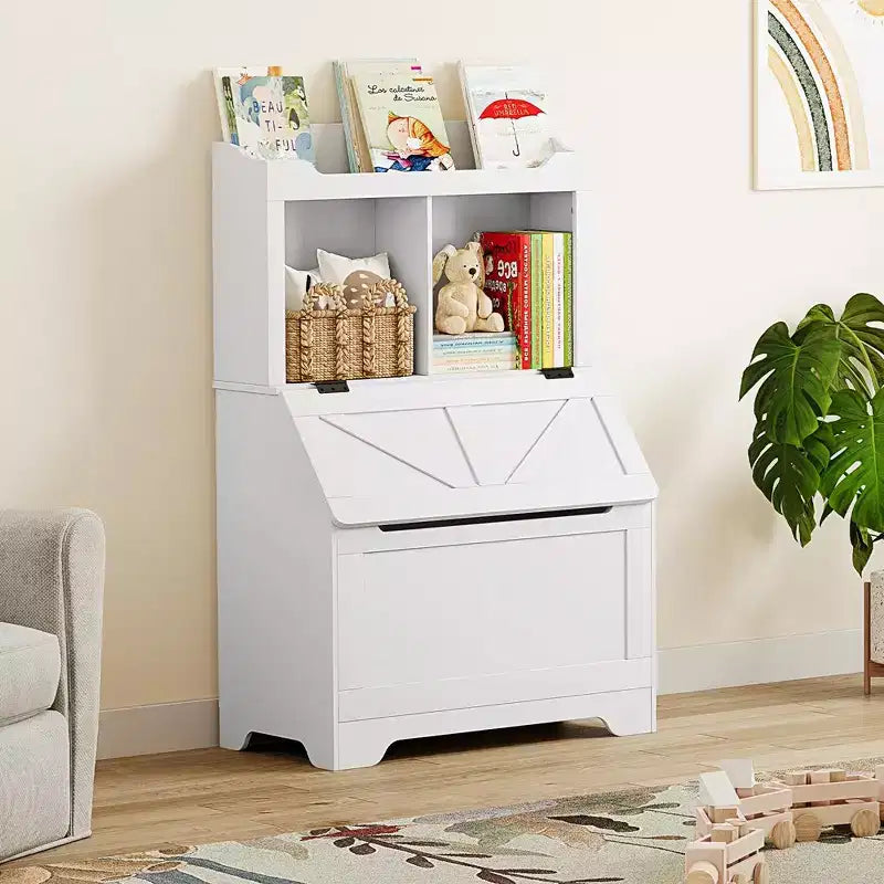 Bibliothèque enfant gris/blanc avec coffre à jouets, 3 étagères