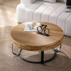 Table basse 1 personne avec plateau en pin sculpté et pieds en métal, naturel/noir, rond/irrégulier