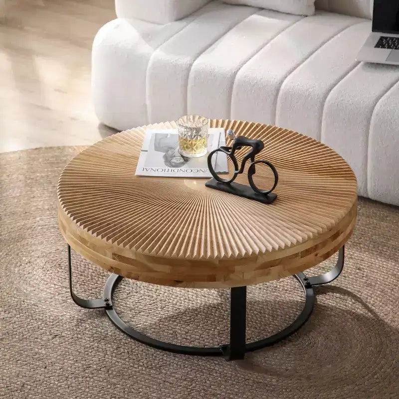 Table basse 1 personne avec plateau en pin sculpté et pieds en métal, naturel/noir, rond/irrégulier