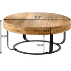 Table basse 1 personne avec plateau en pin sculpté et pieds en métal, naturel/noir, rond/irrégulier