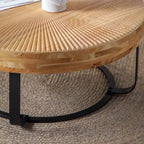 Table basse 1 personne avec plateau en pin sculpté et pieds en métal, naturel/noir, rond/irrégulier