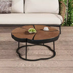 Table basse 1 personne avec plateau en pin sculpté et pieds en métal, naturel/noir, rond/irrégulier