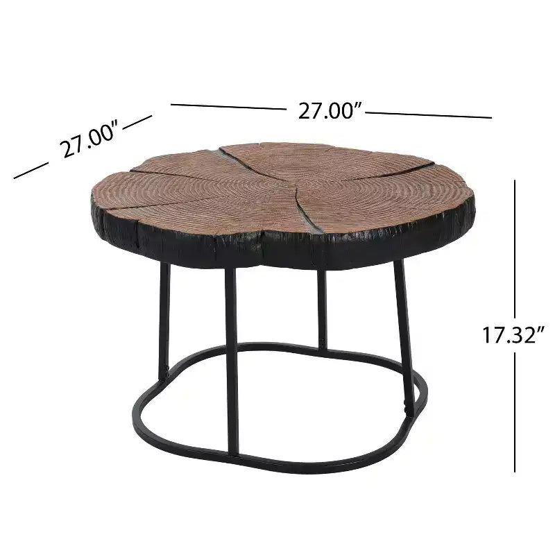 Table basse 1 personne avec plateau en pin sculpté et pieds en métal, naturel/noir, rond/irrégulier