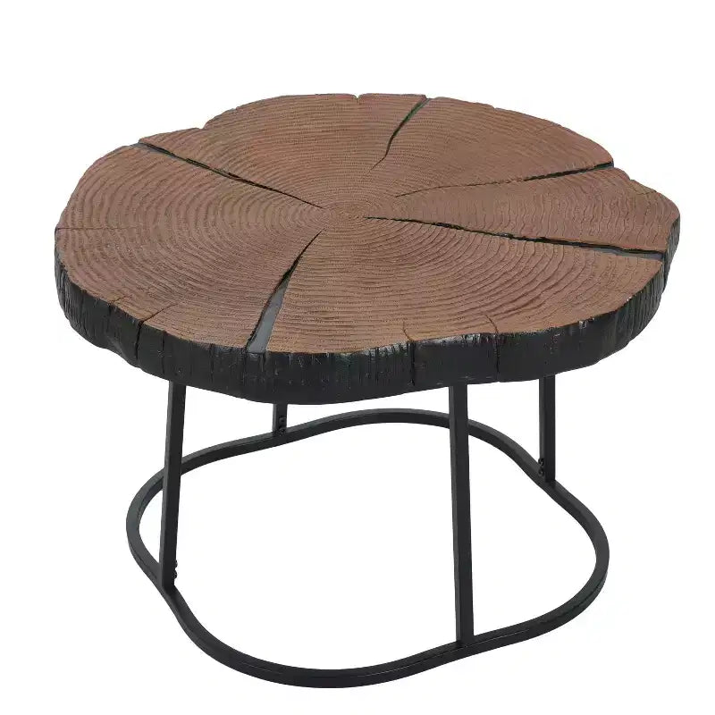 Table basse 1 personne avec plateau en pin sculpté et pieds en métal, naturel/noir, rond/irrégulier