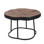 Table basse 1 personne avec plateau en pin sculpté et pieds en métal, naturel/noir, rond/irrégulier