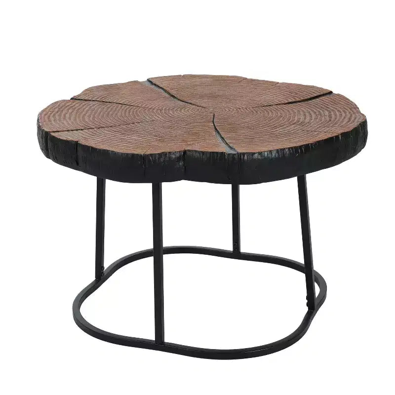 Table basse 1 personne avec plateau en pin sculpté et pieds en métal, naturel/noir, rond/irrégulier