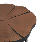 Table basse 1 personne avec plateau en pin sculpté et pieds en métal, naturel/noir, rond/irrégulier