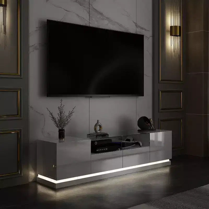 Meuble TV blanc laqué avec lumières LED et 2 tiroirs, convient pour TV jusqu'à 75 pouces