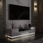 Meuble TV blanc laqué avec lumières LED et 2 tiroirs, convient pour TV jusqu'à 75 pouces