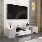 Meuble TV blanc laqué avec lumières LED et 2 tiroirs, convient pour TV jusqu'à 75 pouces