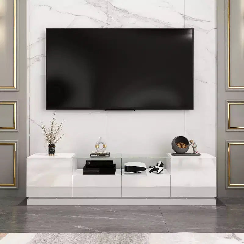 Meuble TV blanc laqué avec lumières LED et 2 tiroirs, convient pour TV jusqu'à 75 pouces