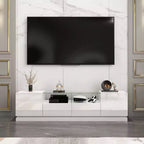 Meuble TV blanc laqué avec lumières LED et 2 tiroirs, convient pour TV jusqu'à 75 pouces
