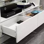 Meuble TV blanc laqué avec lumières LED et 2 tiroirs, convient pour TV jusqu'à 75 pouces