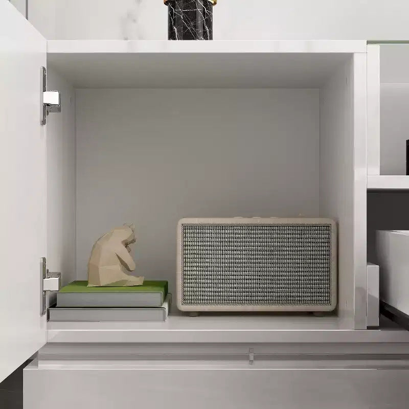 Meuble TV blanc laqué avec lumières LED et 2 tiroirs, convient pour TV jusqu'à 75 pouces