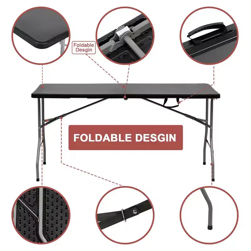 Table rectangulaire pliable noire, 6 places