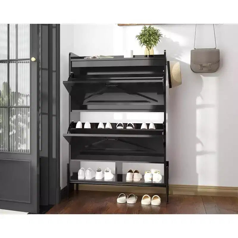 Meuble à chaussures noir sur pied avec tiroirs basculants, 20 paires