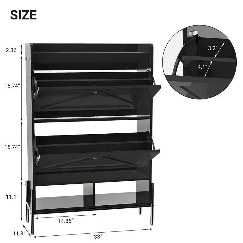 Meuble à chaussures noir sur pied avec tiroirs basculants, 20 paires