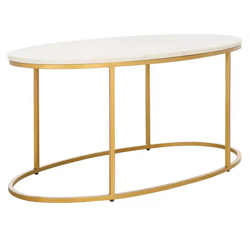Table basse ovale, plateau en marbre blanc, structure en C dorée, 1 pièce