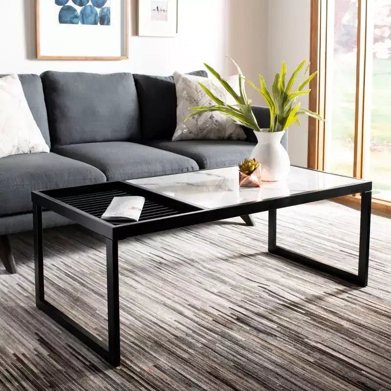 Table basse rectangulaire blanche, pieds en boucle, pour 1 personne