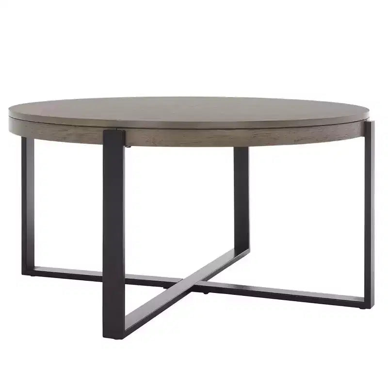 Table basse ronde avec piétement métallique entrecroisé