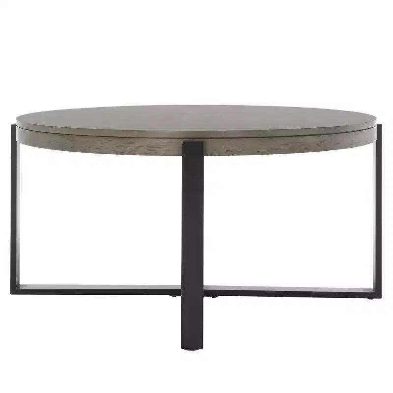 Table basse ronde avec piétement métallique entrecroisé
