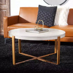 Table basse ronde avec piétement métallique entrecroisé