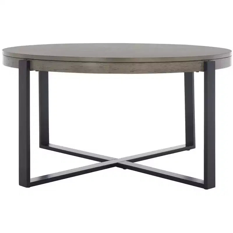 Table basse ronde avec piétement métallique entrecroisé