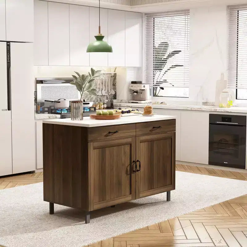 Meuble de rangement marron avec 2 portes et 2 tiroirs, MDF, montage par 1 personne