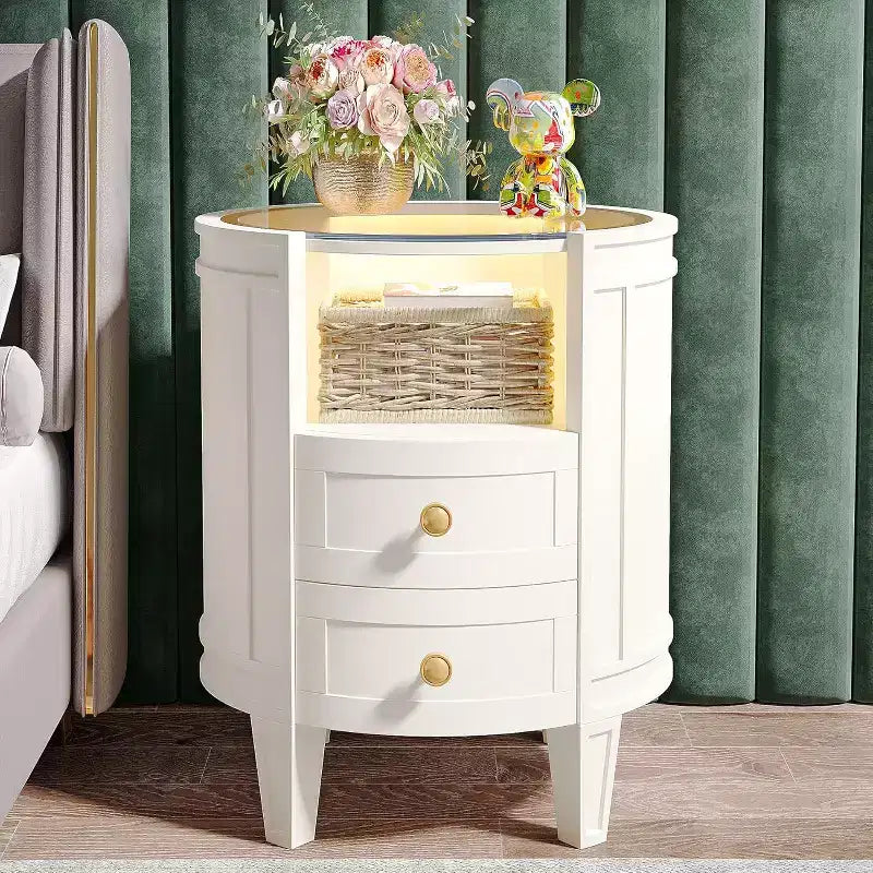 Table de chevet ovale blanche à LED avec 2 tiroirs – 1 pièce / 2 pièces