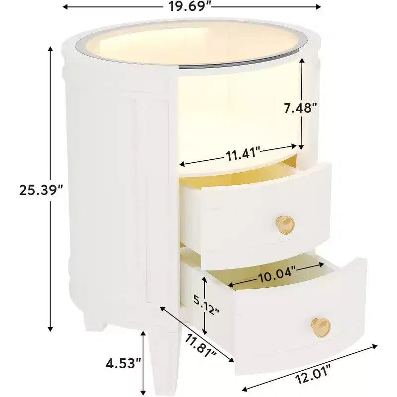 Table de chevet ovale blanche à LED avec 2 tiroirs – 1 pièce / 2 pièces