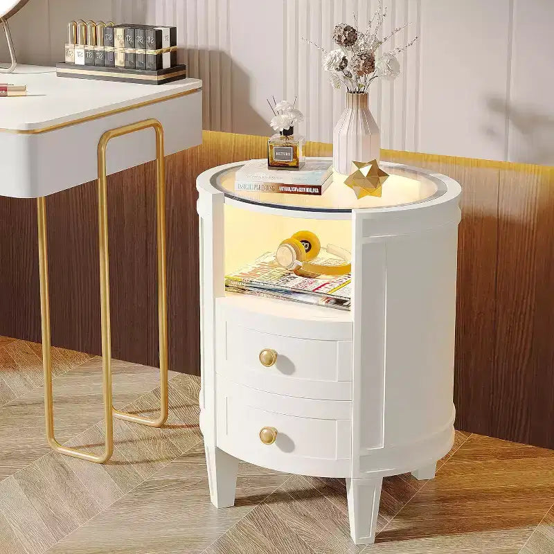 Table de chevet ovale blanche à LED avec 2 tiroirs – 1 pièce / 2 pièces