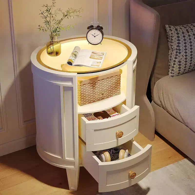 Table de chevet ovale blanche à LED avec 2 tiroirs – 1 pièce / 2 pièces