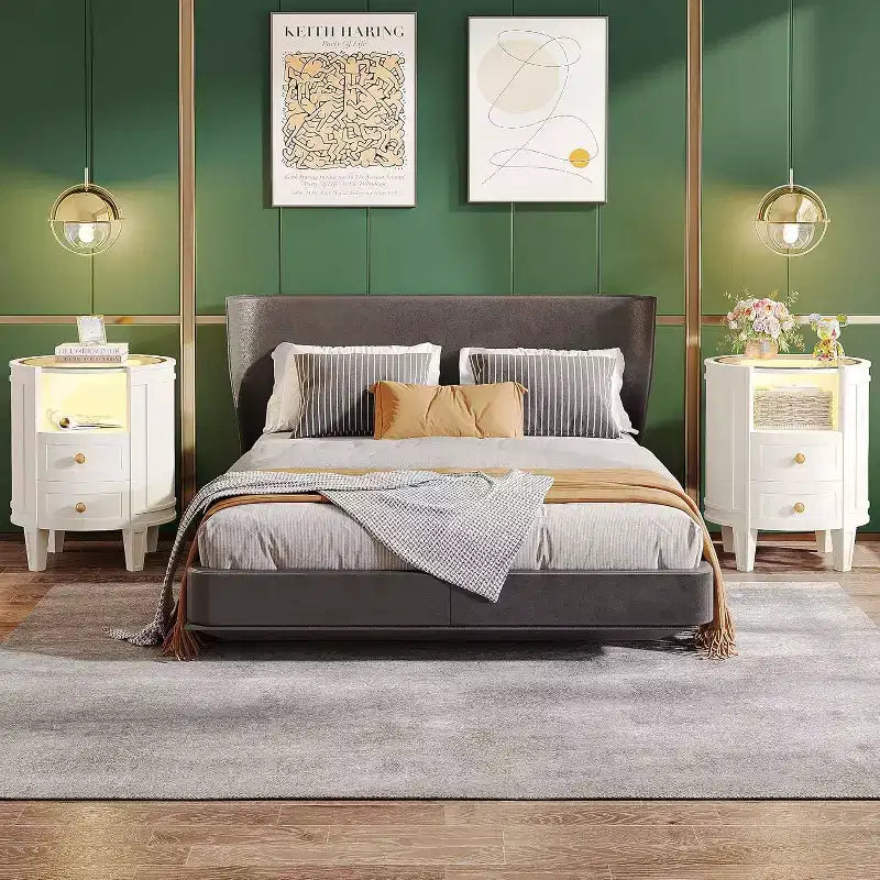 Table de chevet ovale blanche à LED avec 2 tiroirs – 1 pièce / 2 pièces
