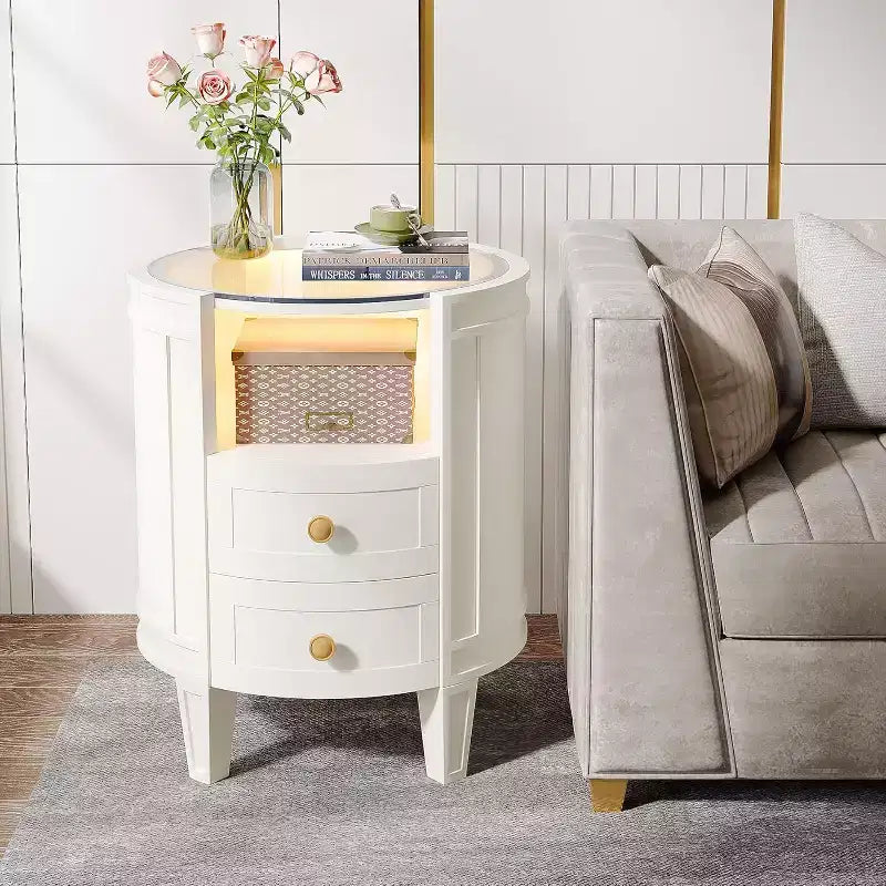 Table de chevet ovale blanche à LED avec 2 tiroirs – 1 pièce / 2 pièces