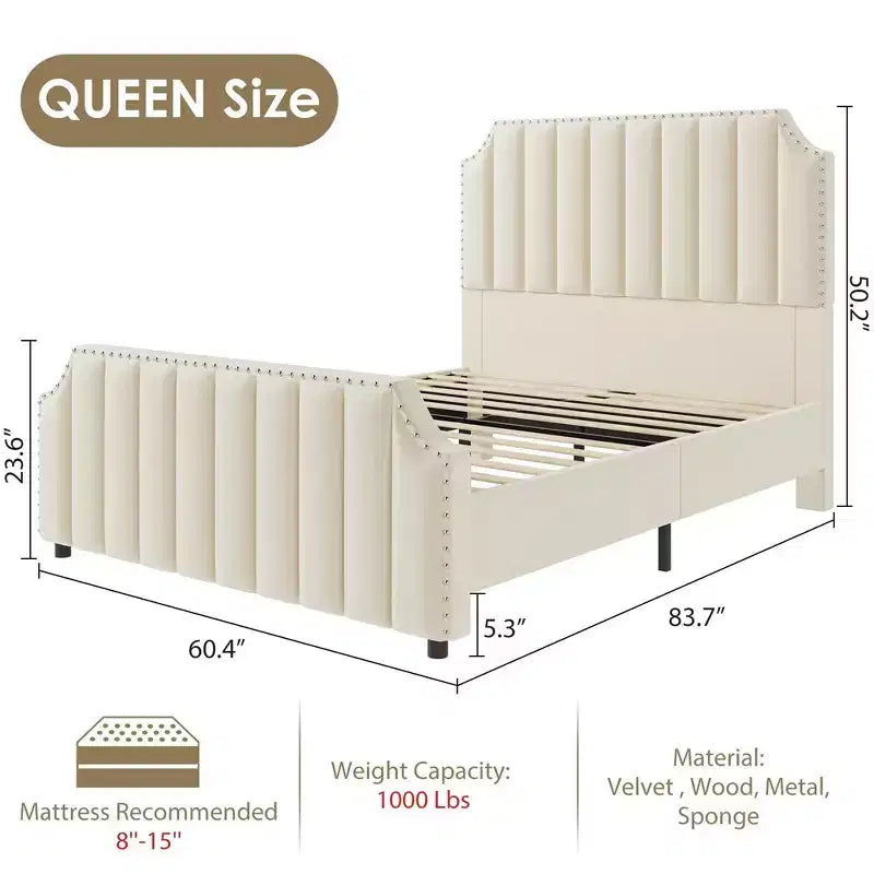 Lit plateforme King en velours gris, 2 places, tête de lit et pied de lit capitonnés avec garniture cloutée
