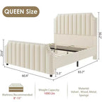Lit plateforme King en velours gris, 2 places, tête de lit et pied de lit capitonnés avec garniture cloutée