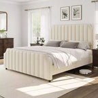 Lit plateforme King en velours gris, 2 places, tête de lit et pied de lit capitonnés avec garniture cloutée