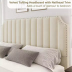 Lit plateforme King en velours gris, 2 places, tête de lit et pied de lit capitonnés avec garniture cloutée
