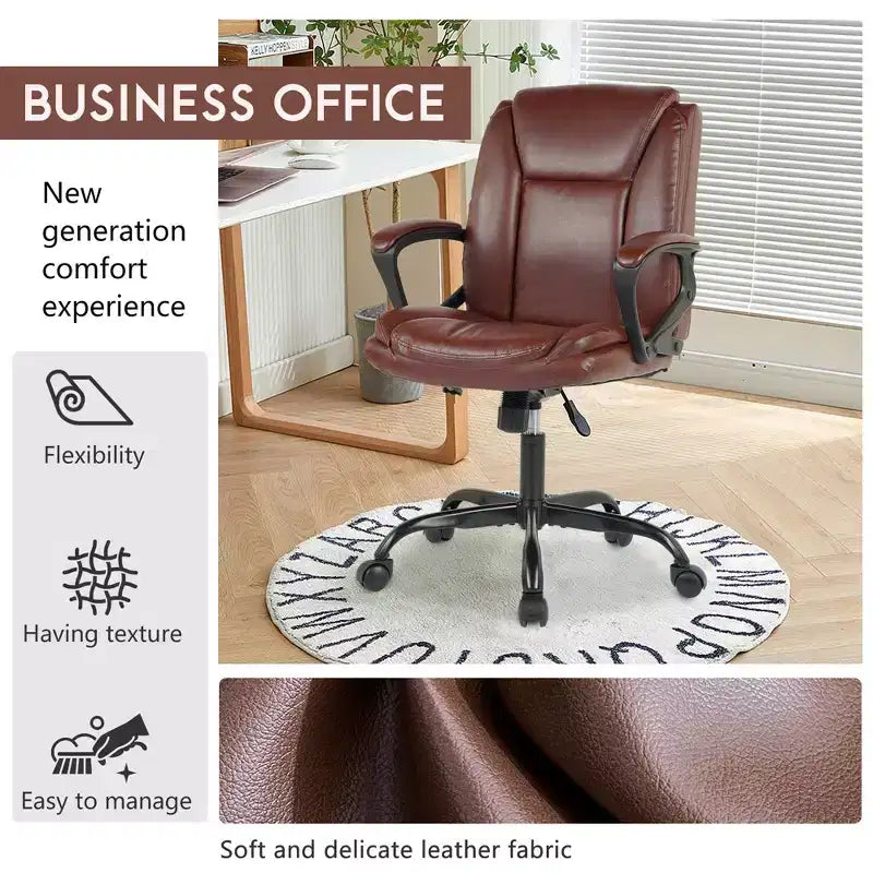 Chaise de bureau mi-hauteur en similicuir avec support lombaire réglable – Noir / Marron / Blanc, 1 personne