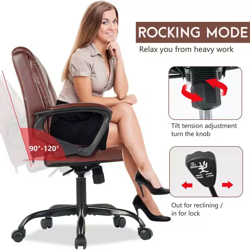 Chaise de bureau mi-hauteur en similicuir avec support lombaire réglable – Noir / Marron / Blanc, 1 personne