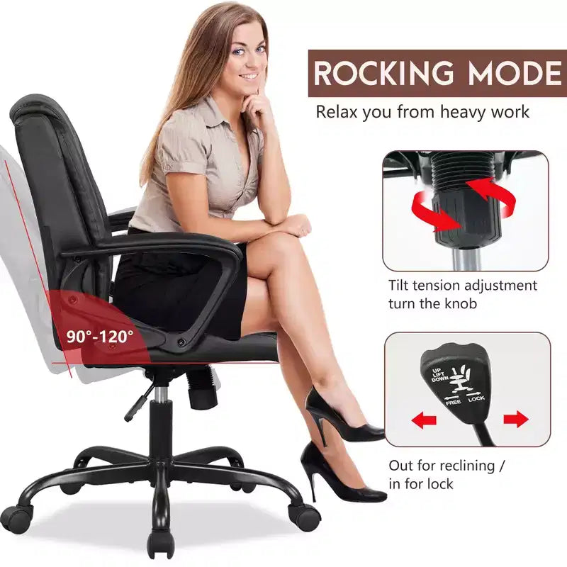 Chaise de bureau mi-hauteur en similicuir avec support lombaire réglable – Noir / Marron / Blanc, 1 personne