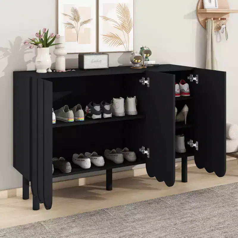 Meuble à chaussures 3 portes crème avec portes ondulées et étagères réglables, 120 cm L