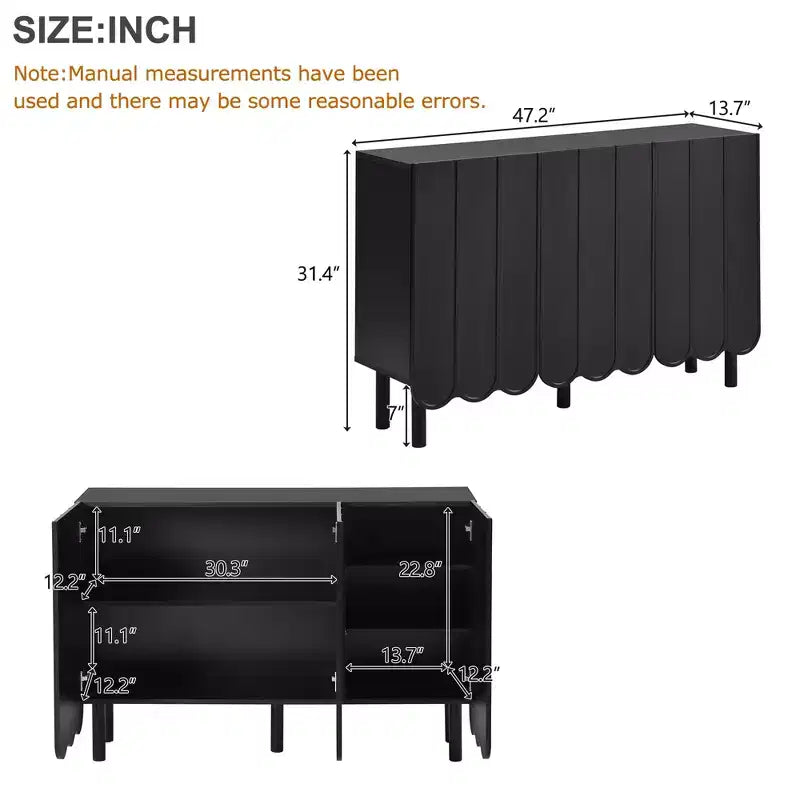 Meuble à chaussures 3 portes crème avec portes ondulées et étagères réglables, 120 cm L