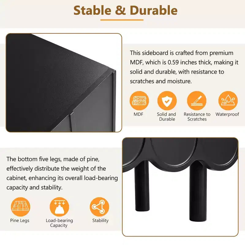 Meuble à chaussures 3 portes crème avec portes ondulées et étagères réglables, 120 cm L